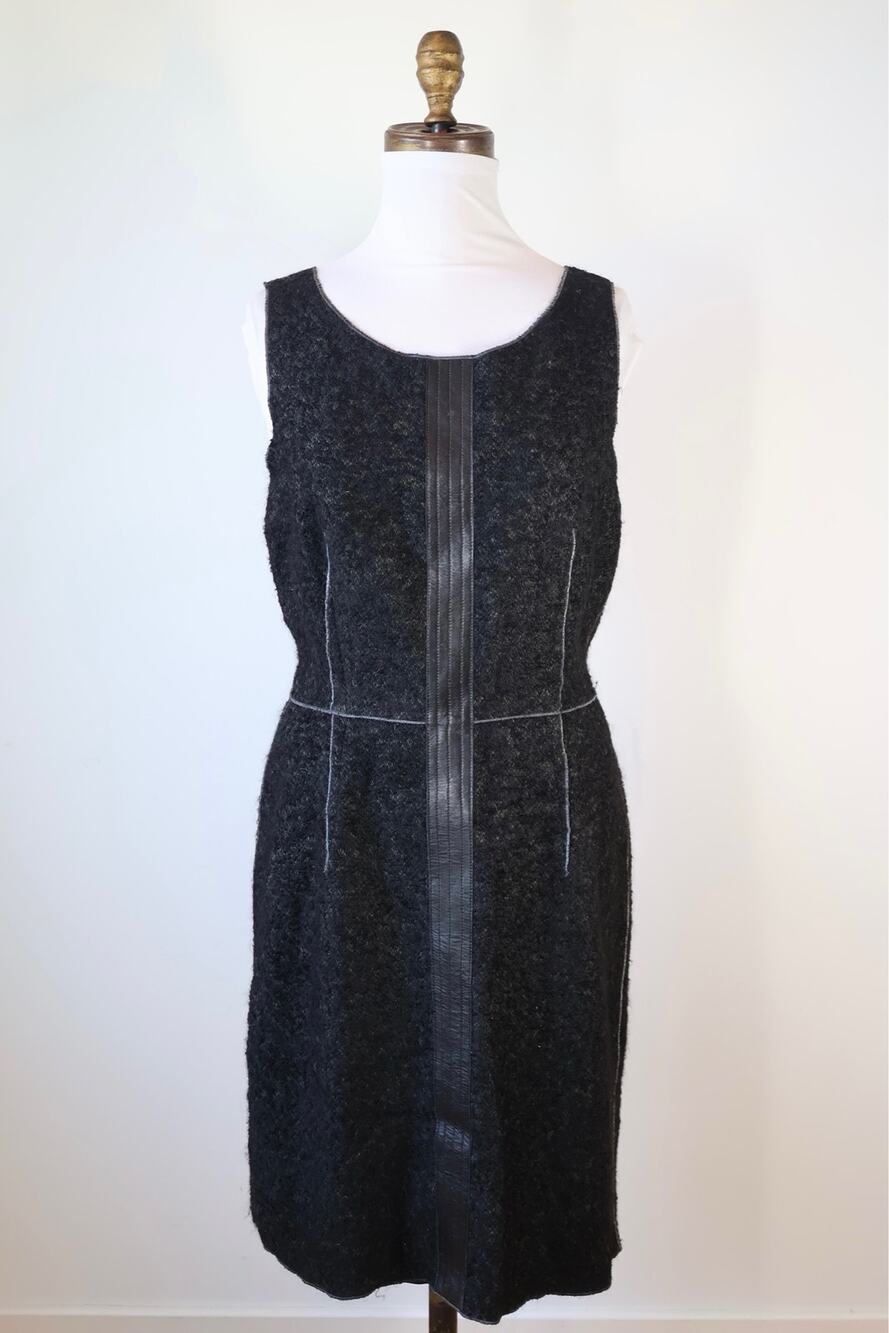 Georges Rech Black Wool Leather Trim Sleeveless Sheath Dress Winter Medium